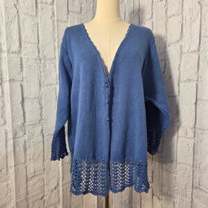 Vintage Blair 3XL Blue 3/4 Sleeve Scalloped Open Knit V Neck Cardigan Sweater